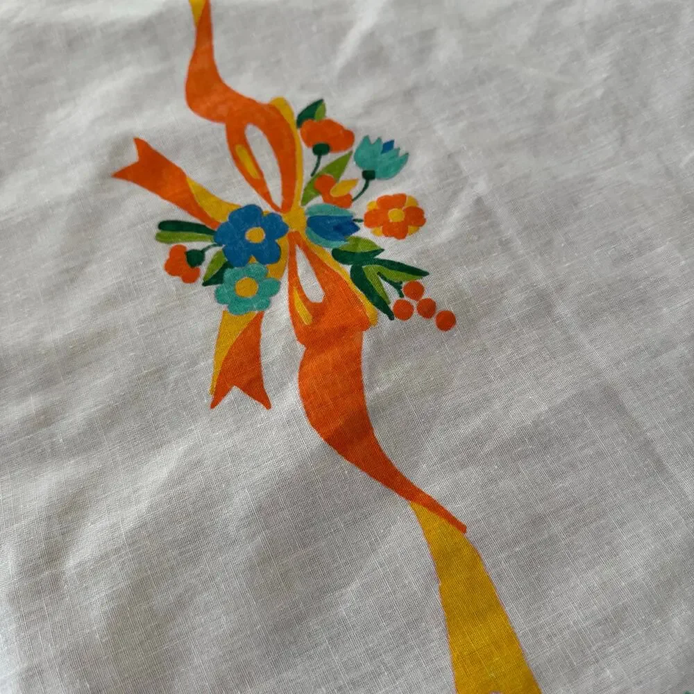 Fabric Painted Floral Tablecloth Monogram K Yellow Orange Cottage Core 54x68